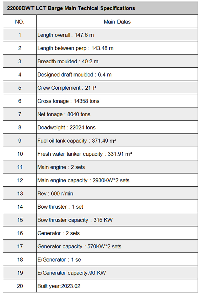 01.22000DWT LCT Barge Κύριες τεχνικές προδιαγραφές